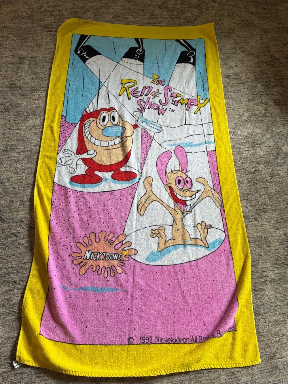Vintage Nickelodeon Ren & Stimpy Kids Yellow & Pink Towel - 1992